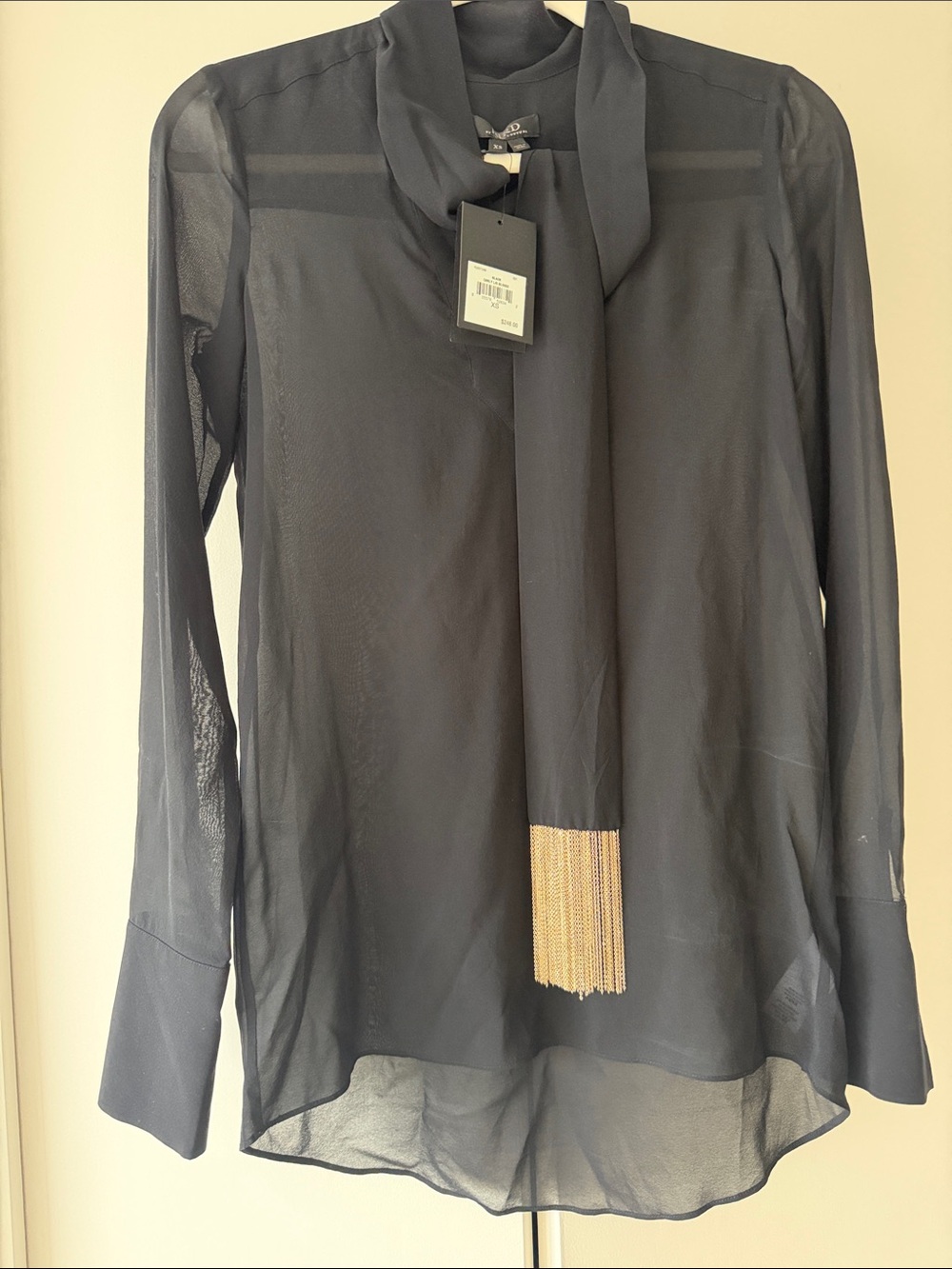 Bird by Juicy Couture Black Long-Sleeve Tie-Neck Blouse with Gold Accents